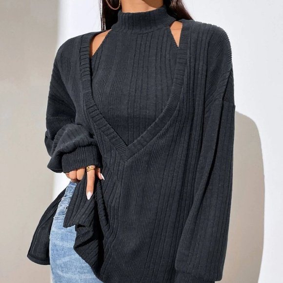 Casual Set Slit Hem Top & Halter Top Dark Grey - Picture 3 of 5